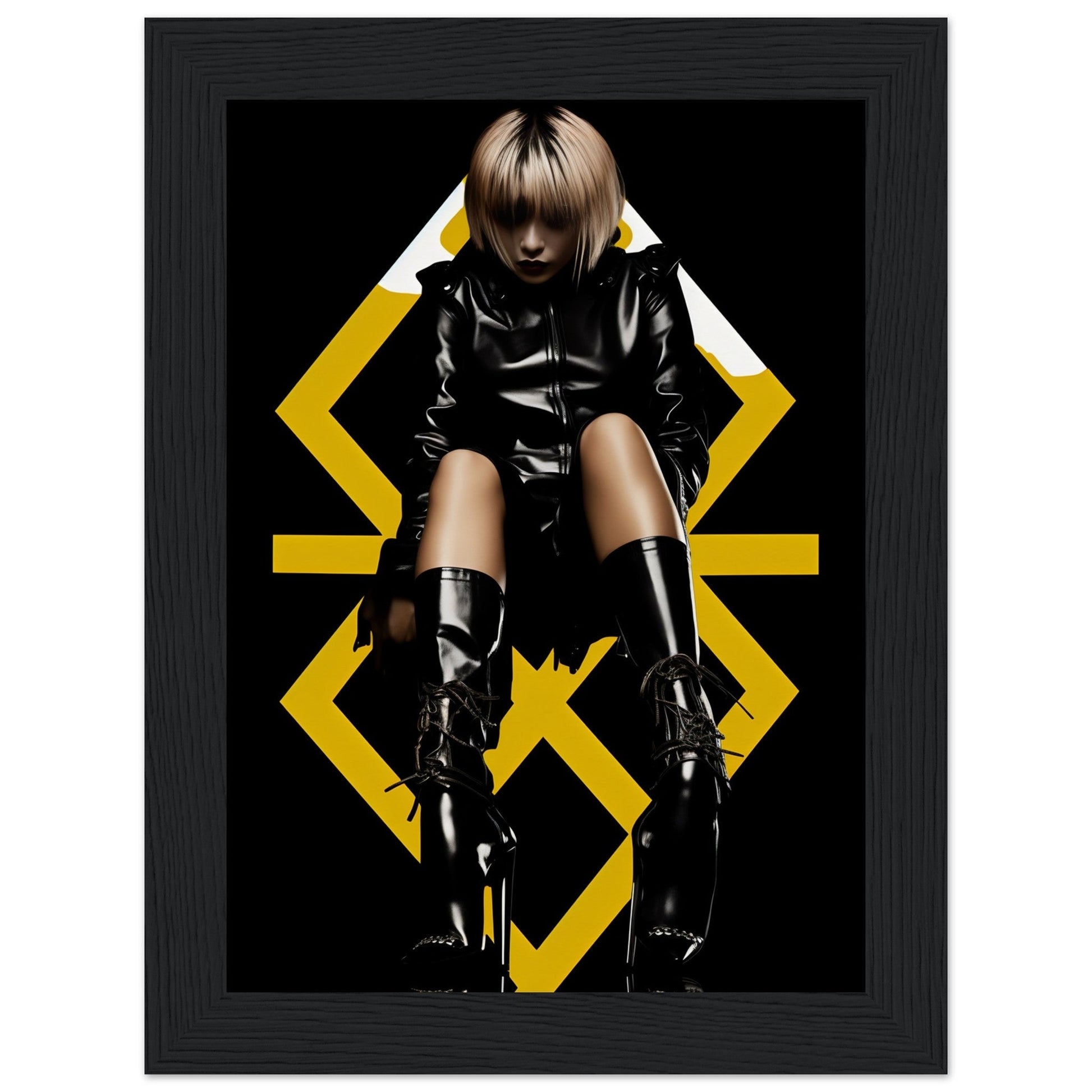 Stylized figure in black leather outfit and boots posed against a geometric yellow design.