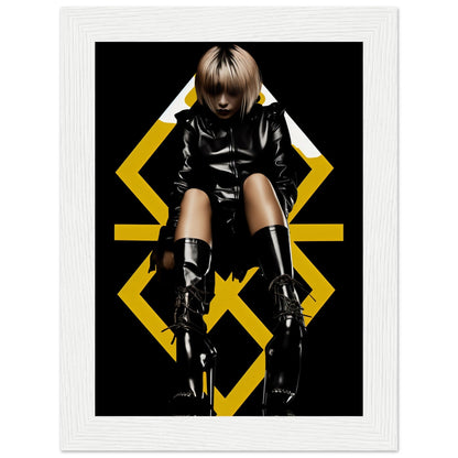 Woman in black leather outfit and boots sitting against a geometric yellow background.