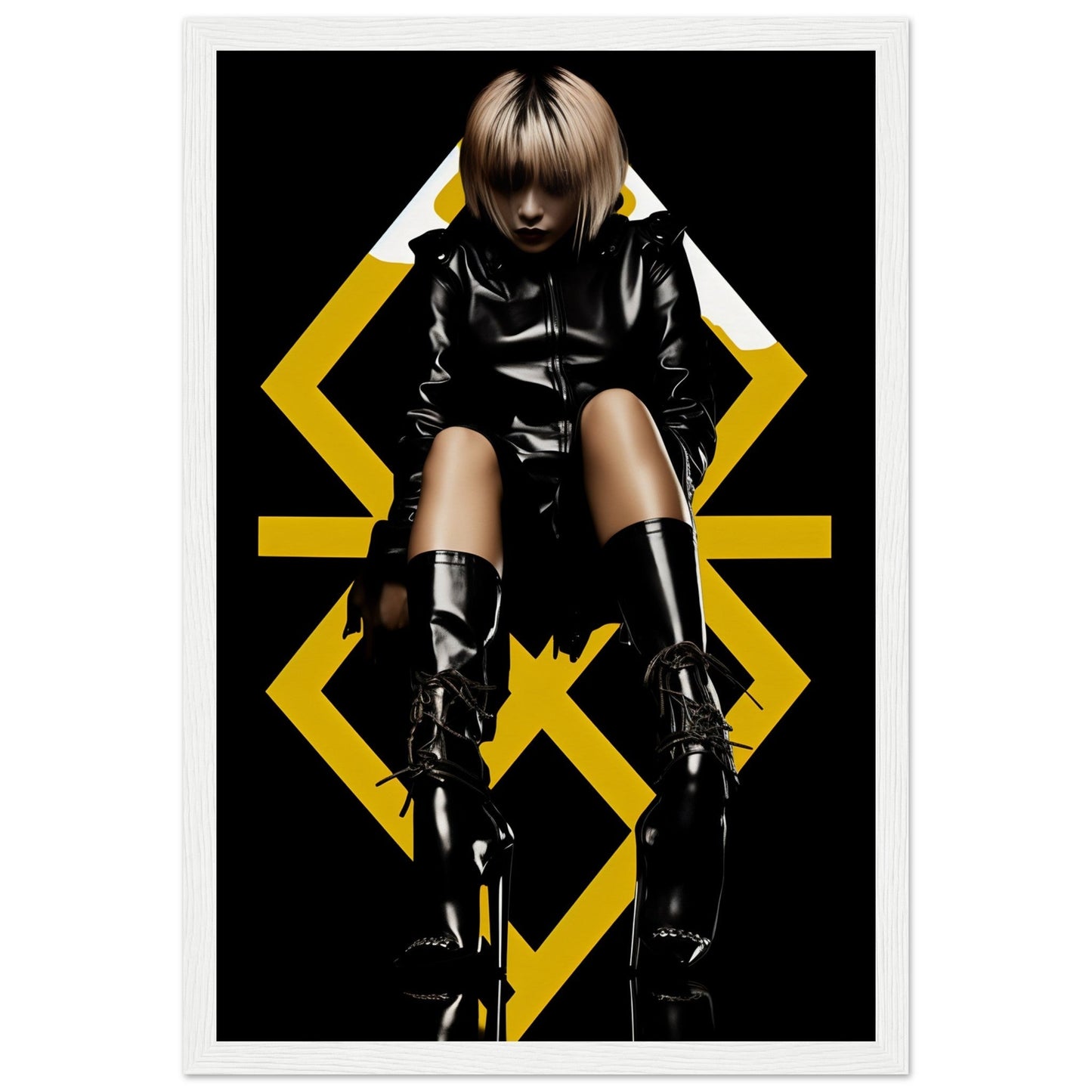 Figure in a black leather outfit and thigh-high boots posed against a geometric yellow pattern.