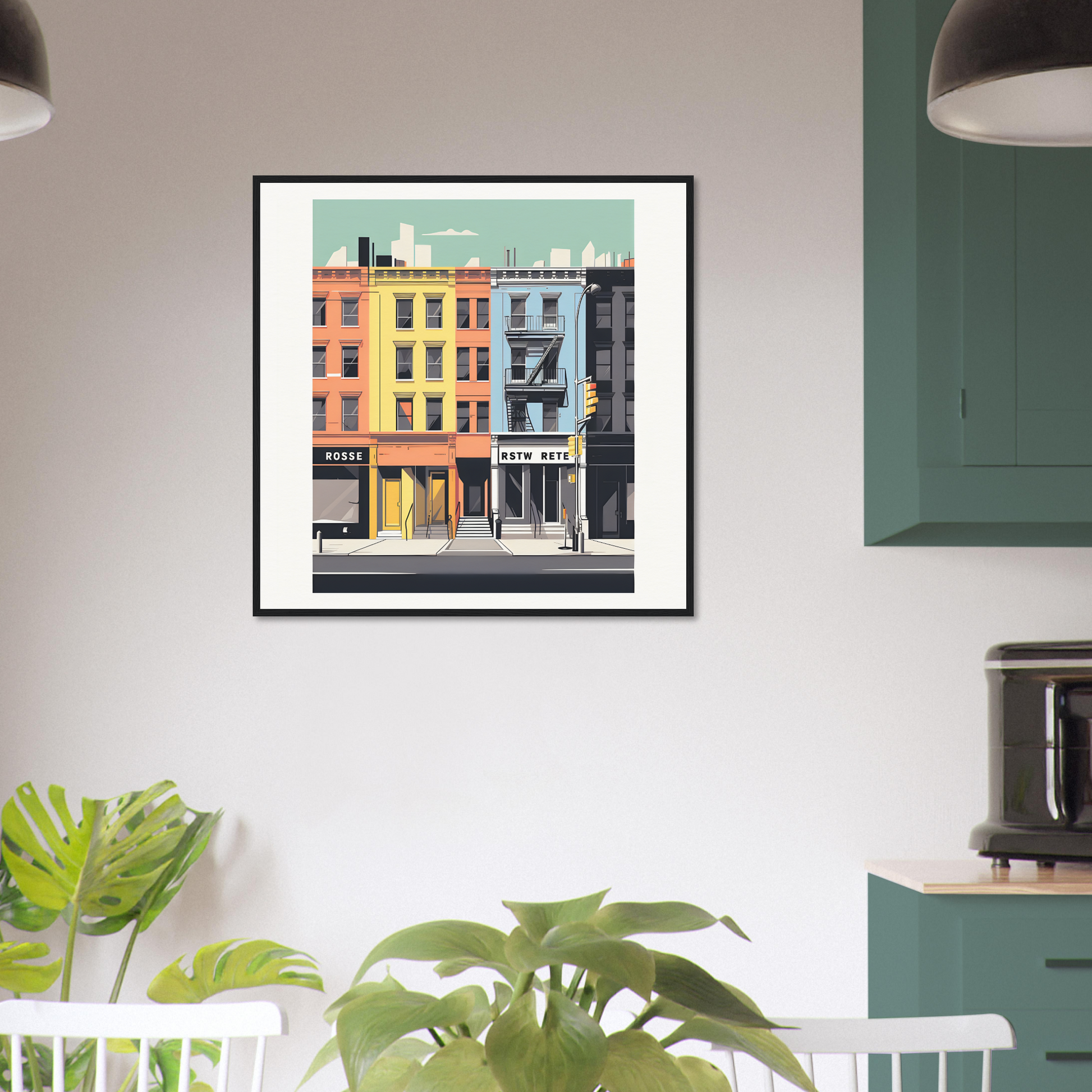 Framed wall art of colorful row buildings in Sidewalk Dreams Aligning special edition