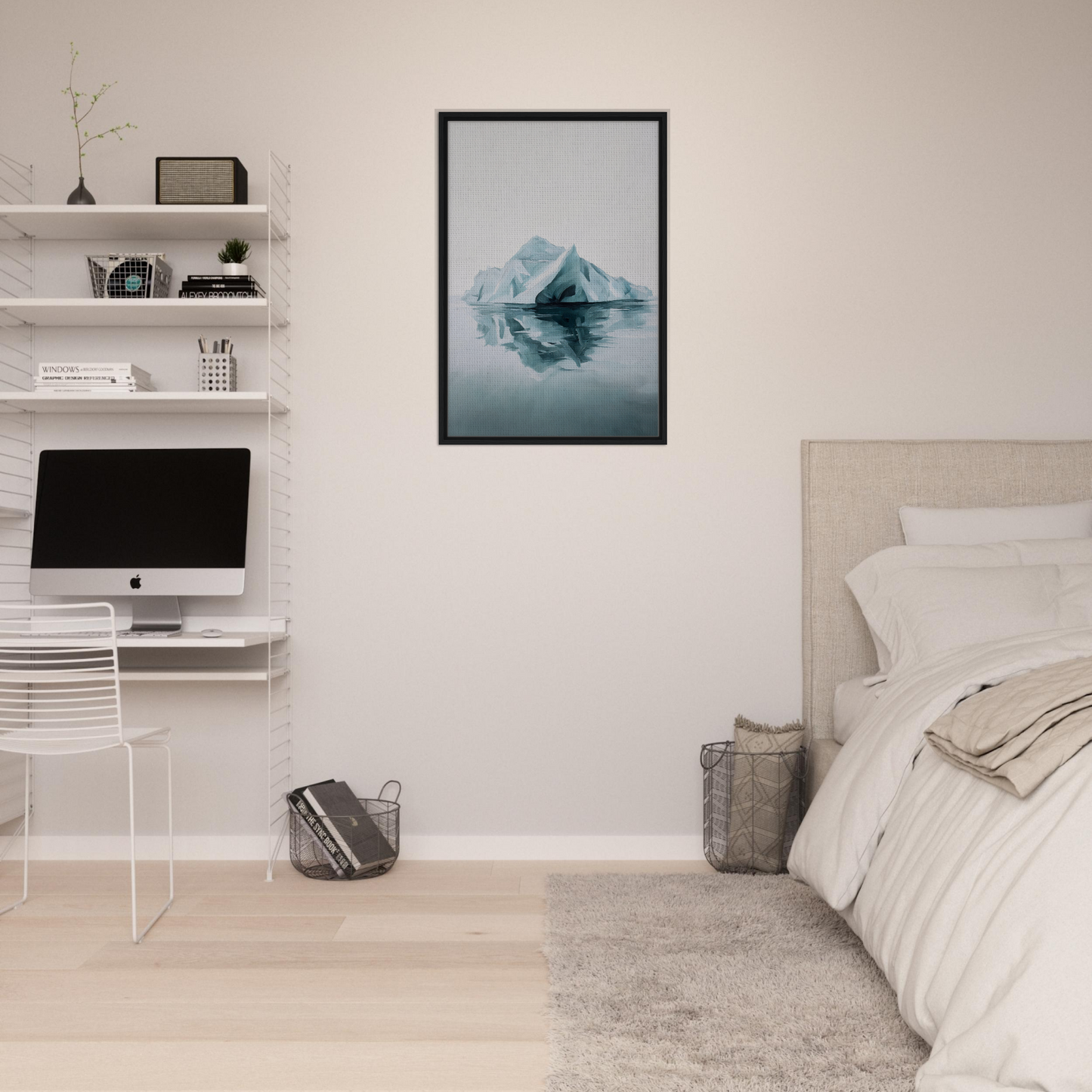 Framed artwork of an iceberg reflecting in water for Silent Ocean Heartbeat room decor