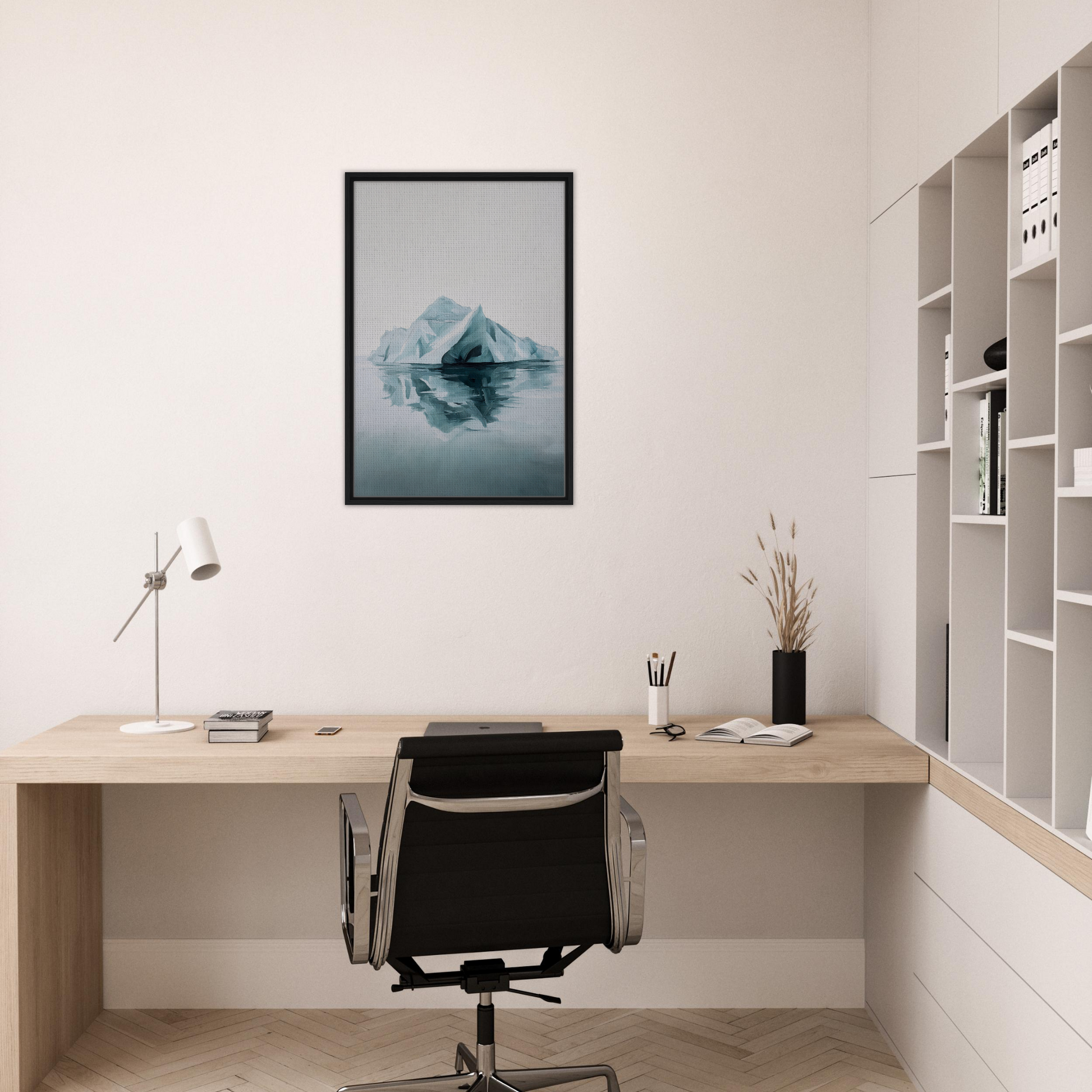 Minimalist home office featuring Silent Ocean Heartbeat and framed canvas print artwork