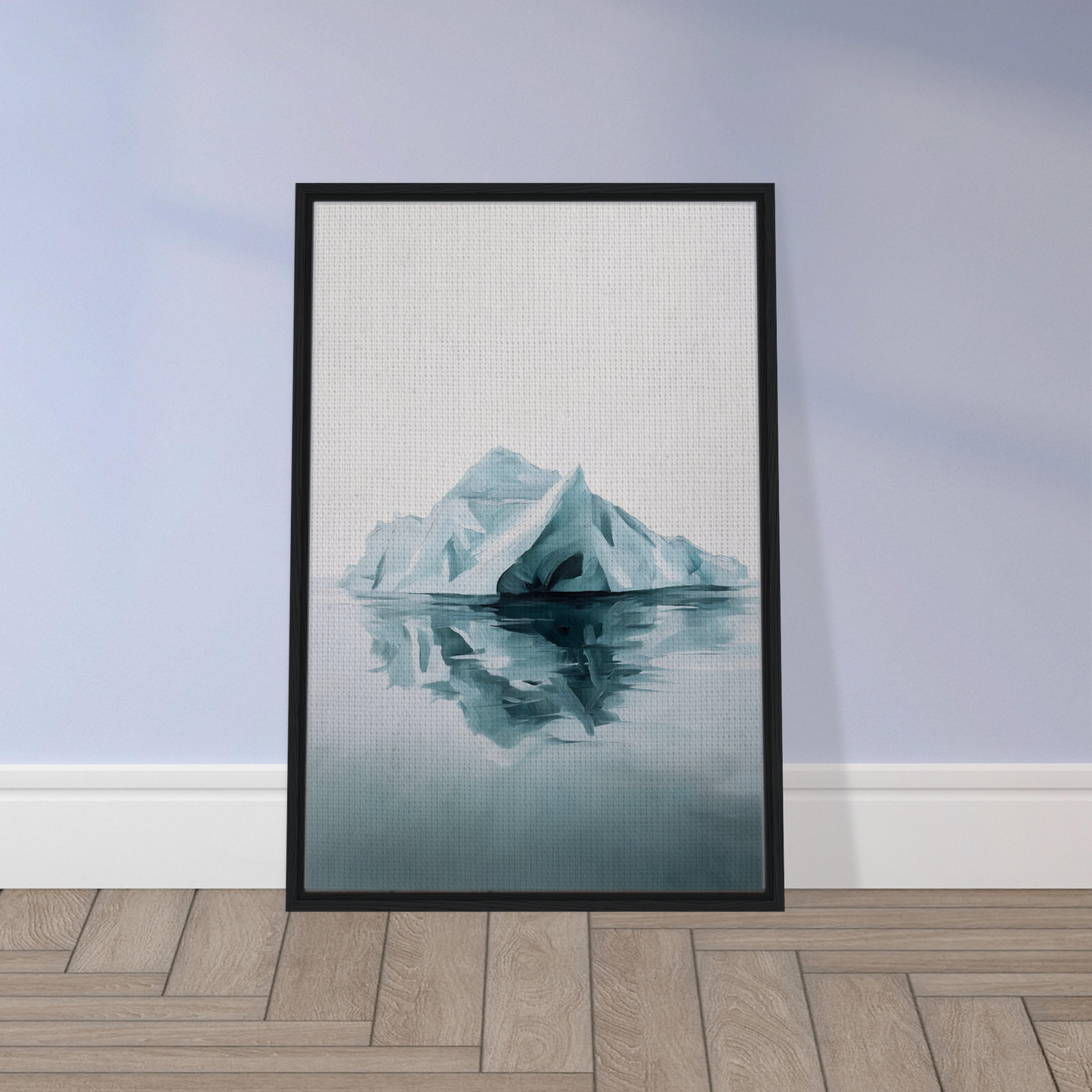 Framed painting of an iceberg reflecting calm water in Silent Ocean Heartbeat room decor