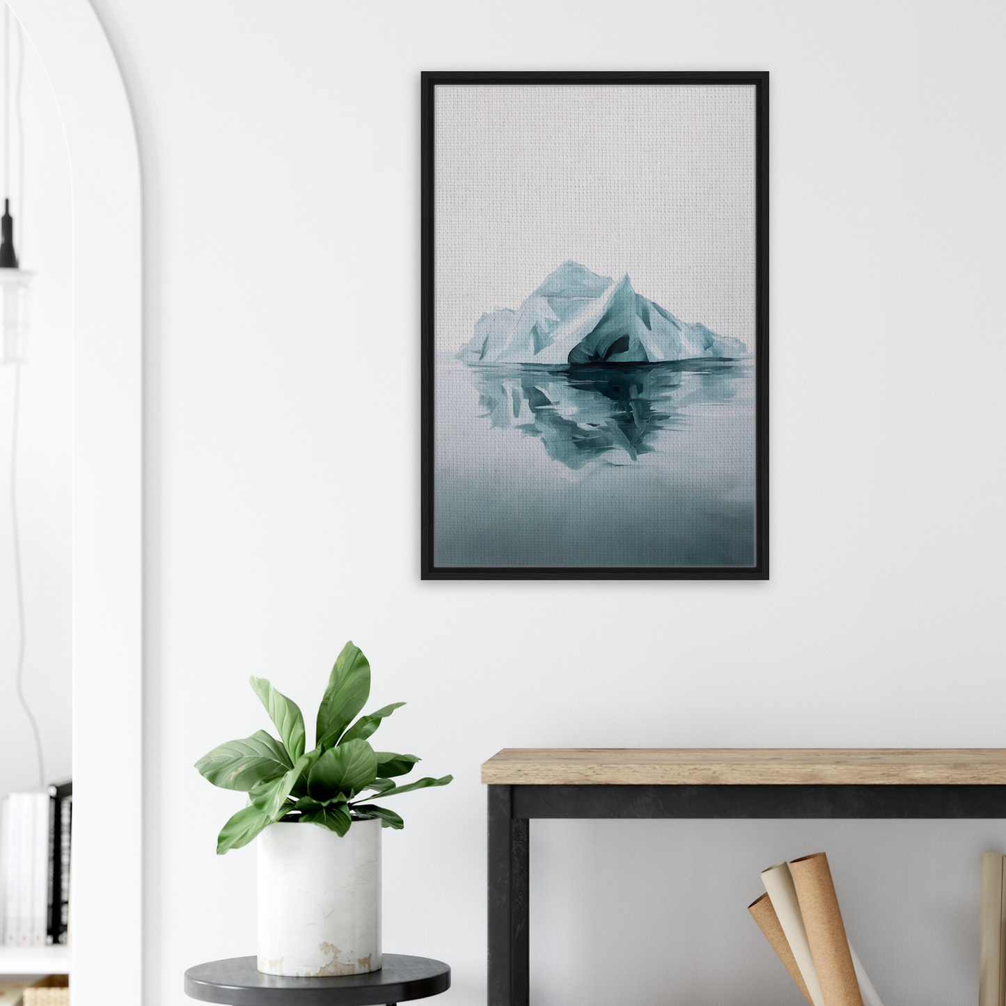 Framed canvas print of iceberg reflection in calm water, Silent Ocean Heartbeat artwork