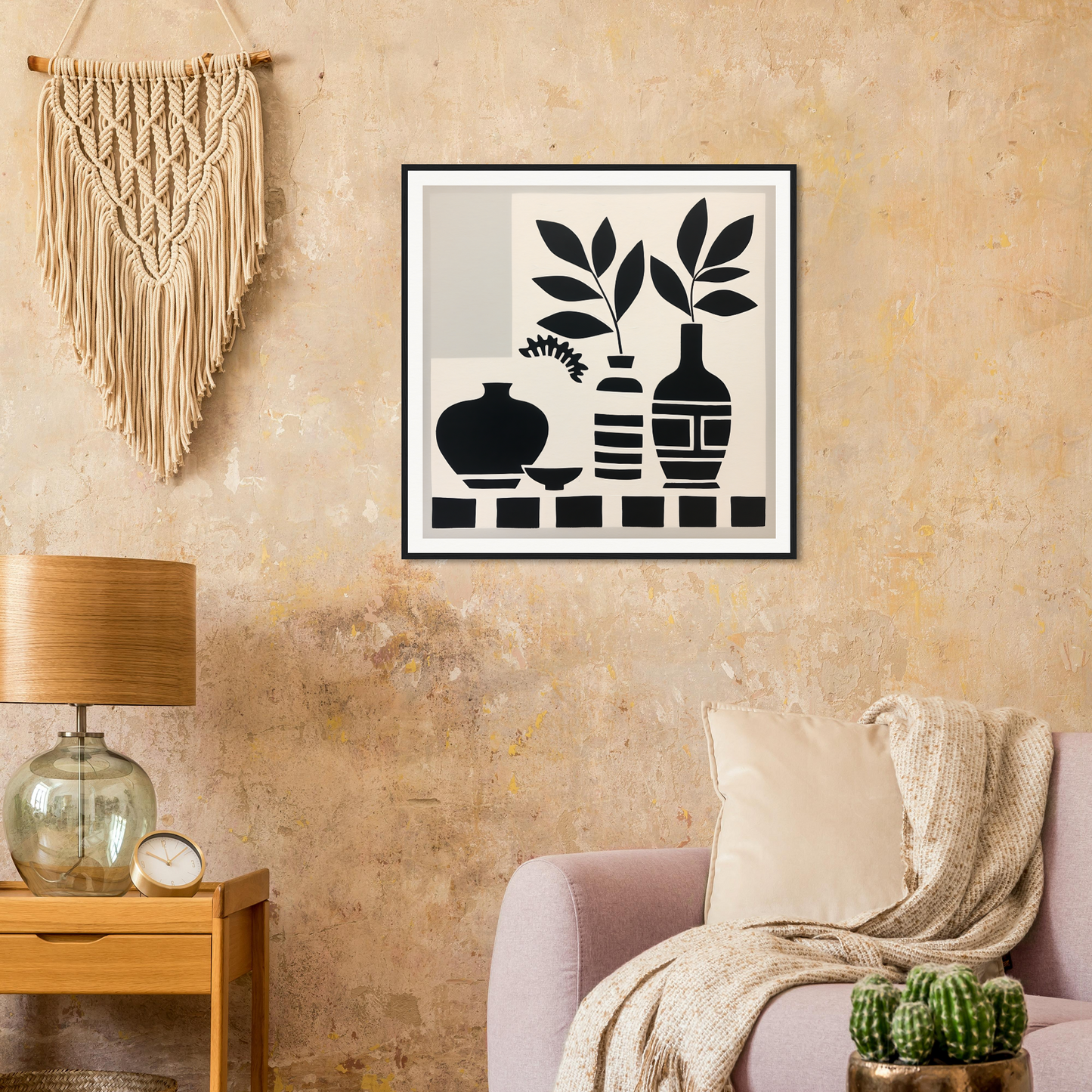 Black and white graphic print of vases and plants for Silent Vase Vision special edition art™