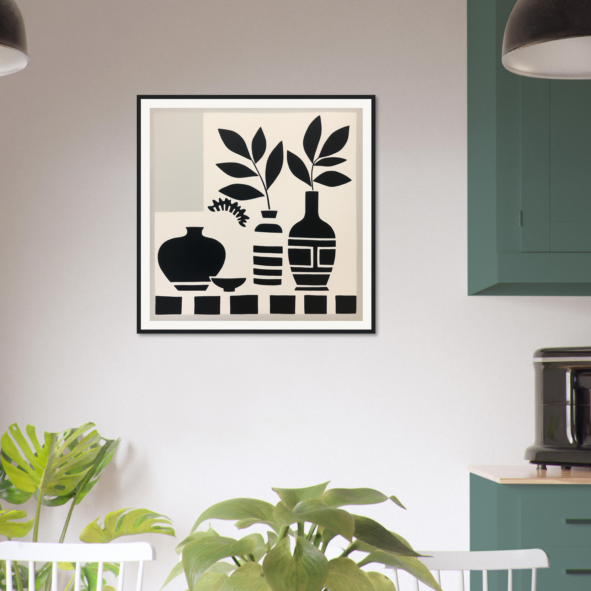 Black and white framed art print of vases and leaves, Silent Vase Vision special edition