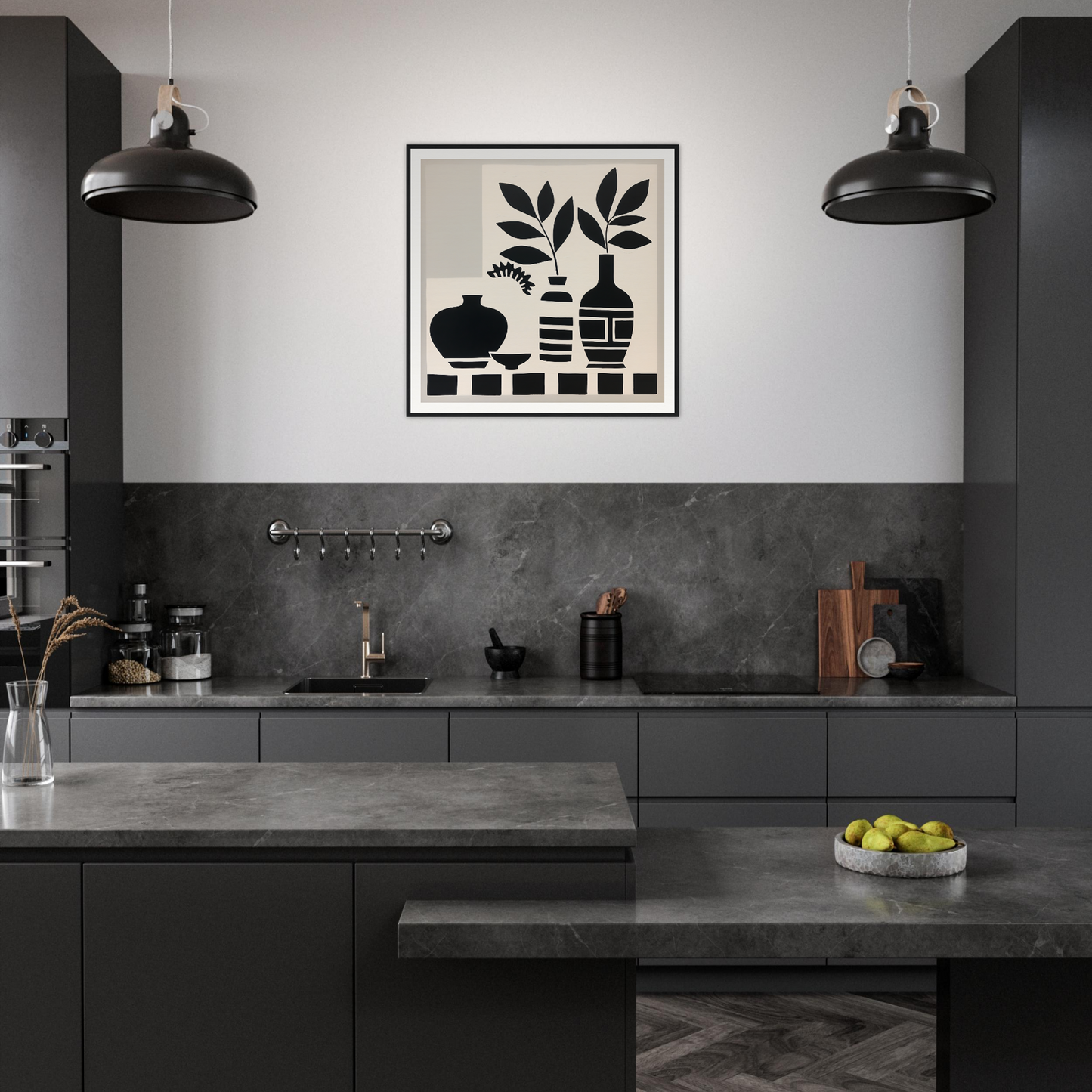 Modern dark kitchen featuring black cabinetry and pendant lighting with Silent Vase Vision