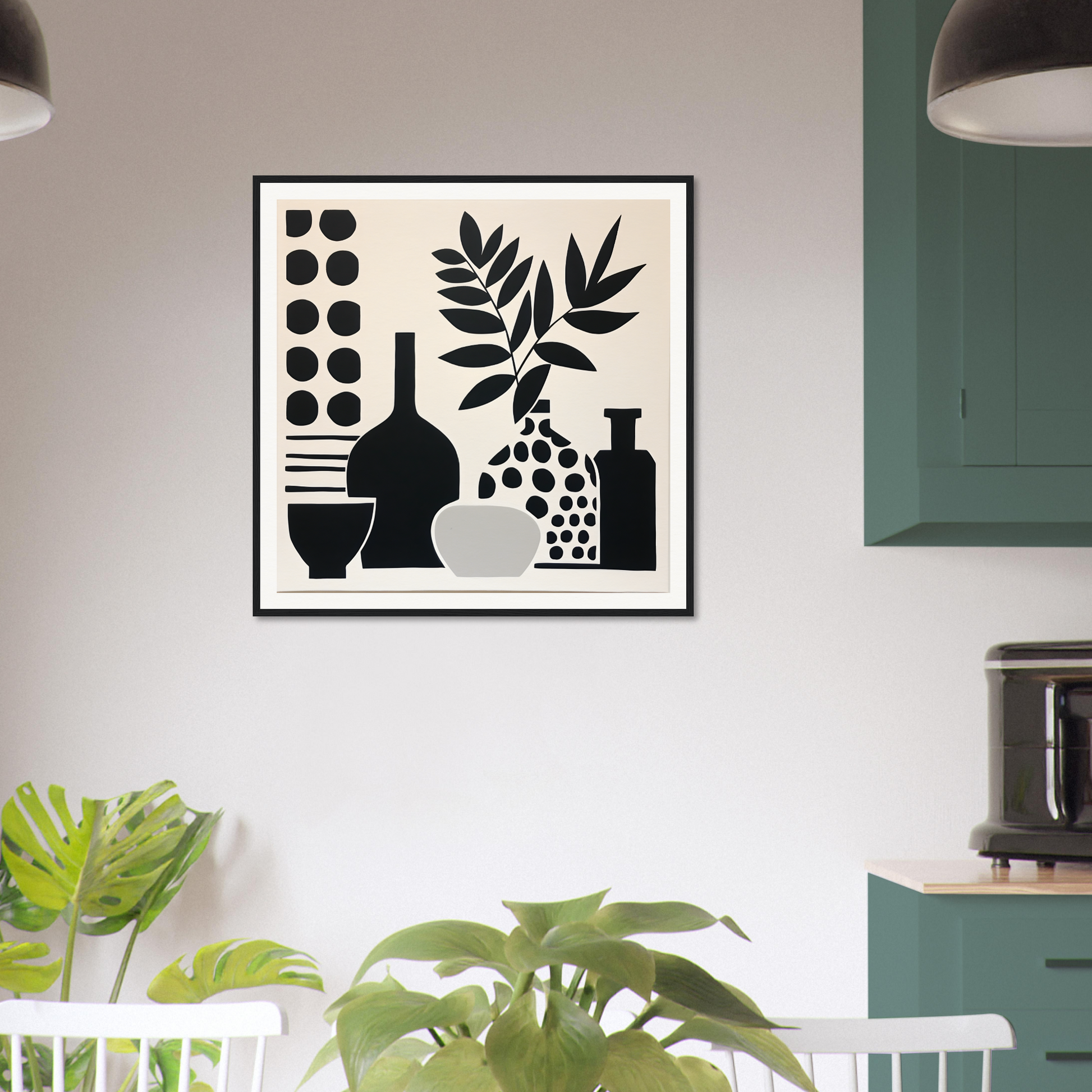 Black and white abstract art print with vases and leaves in Silhouette Reciprocity Waves