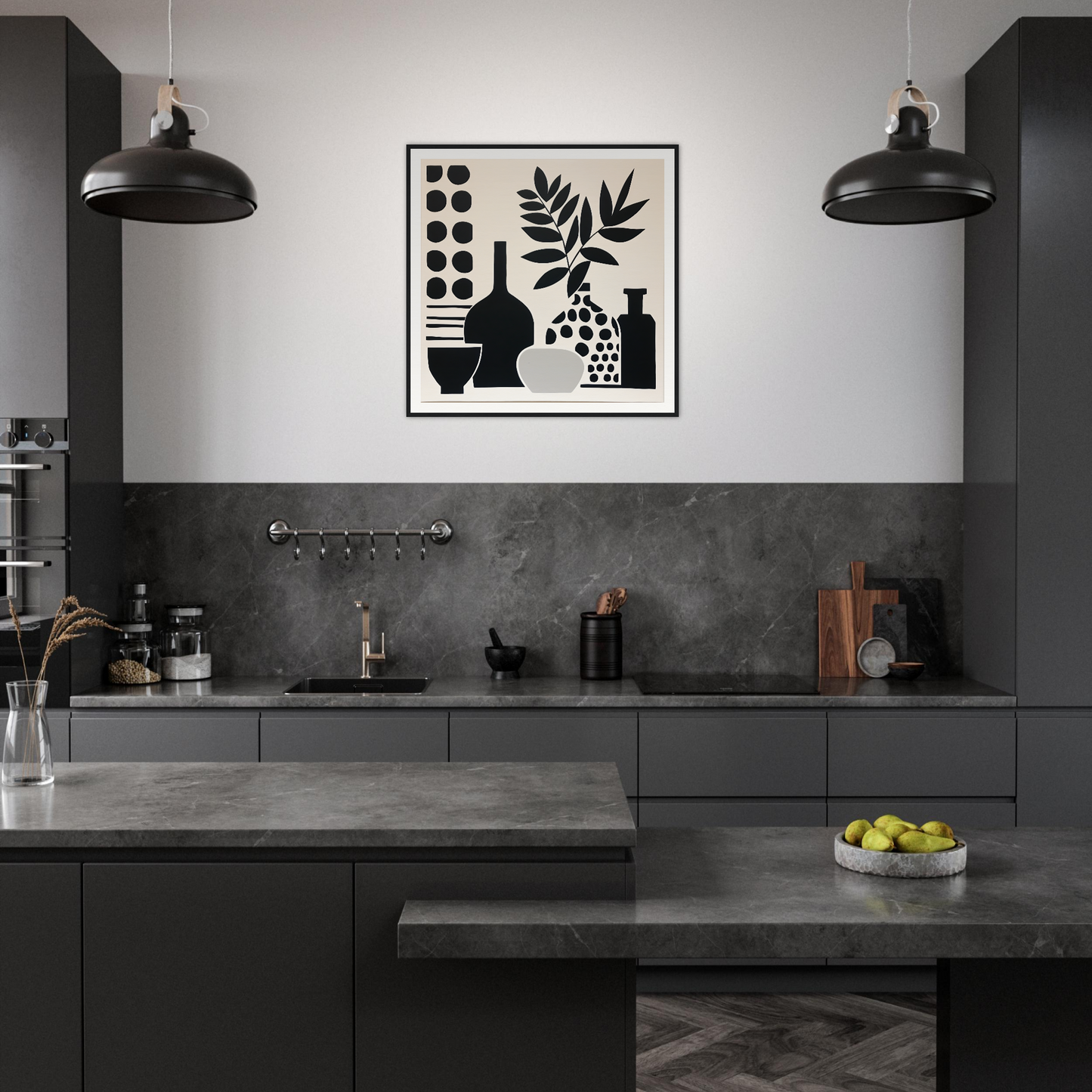 Modern dark kitchen featuring Silhouette Reciprocity Waves art on sleek black cabinets