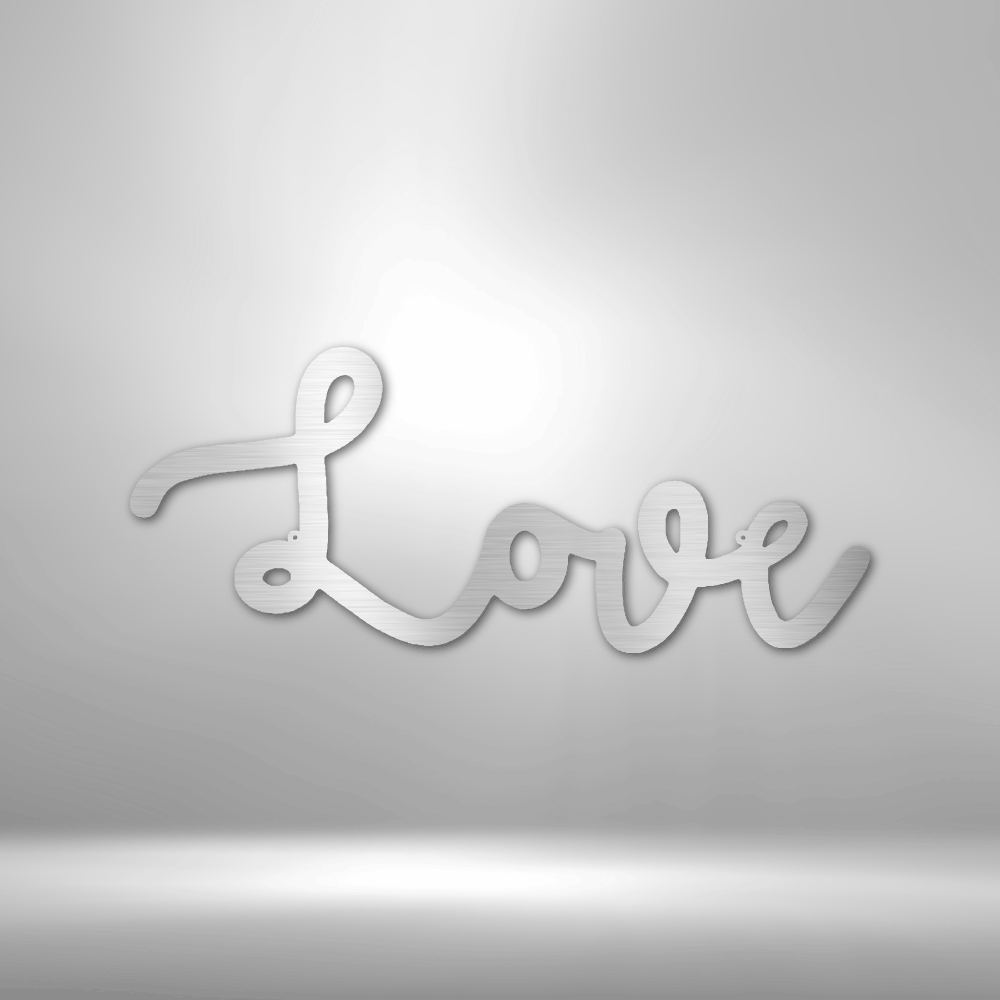 Cursive white text spelling out the word ’Love’ in a flowing, connected script.