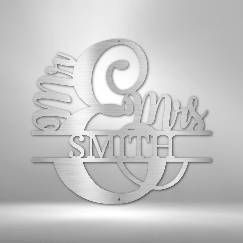 Metallic or white 3D text sculpture reading ’Mr & Mrs SMITH’ with decorative swirls.