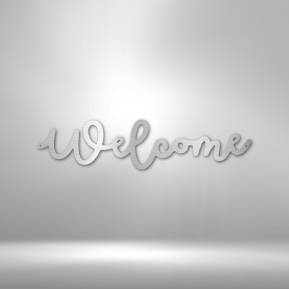 Cursive ’Welcome’ text in white 3D lettering.