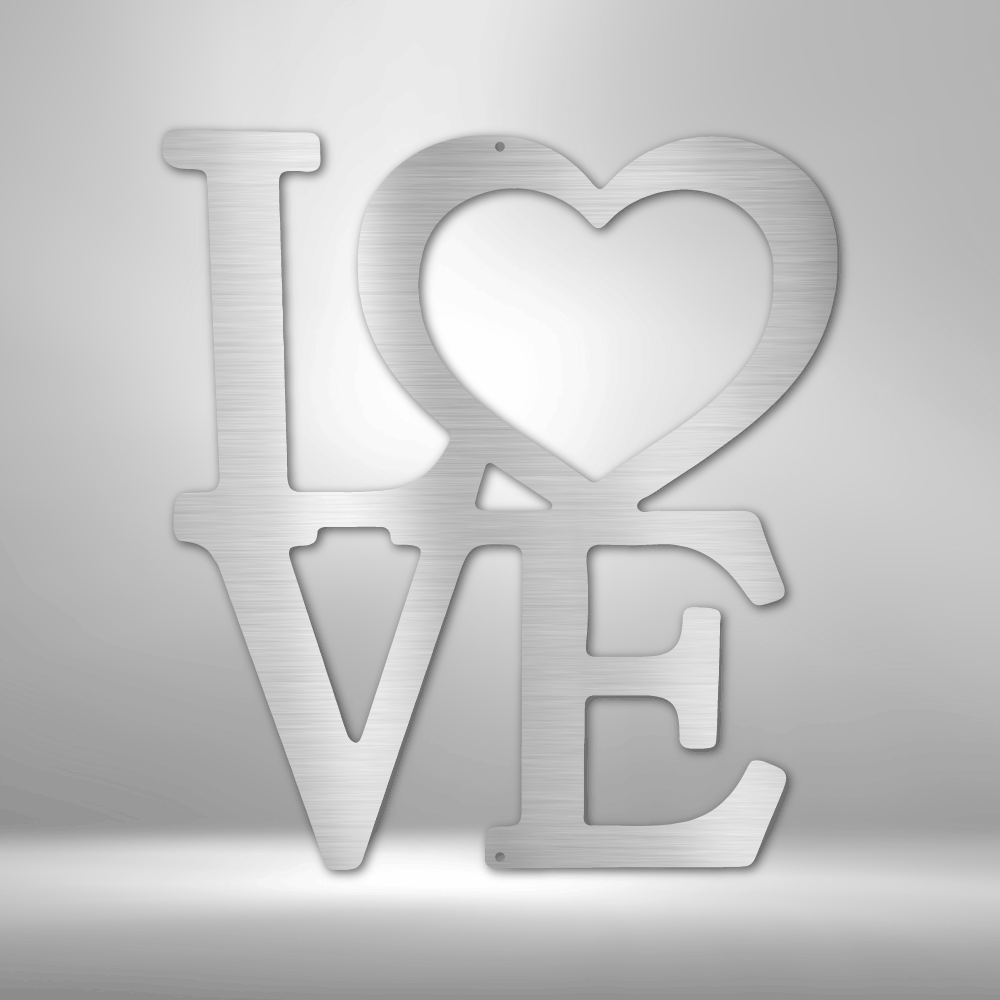 White three-dimensional ’LOVE’ sculpture with a heart-shaped O.