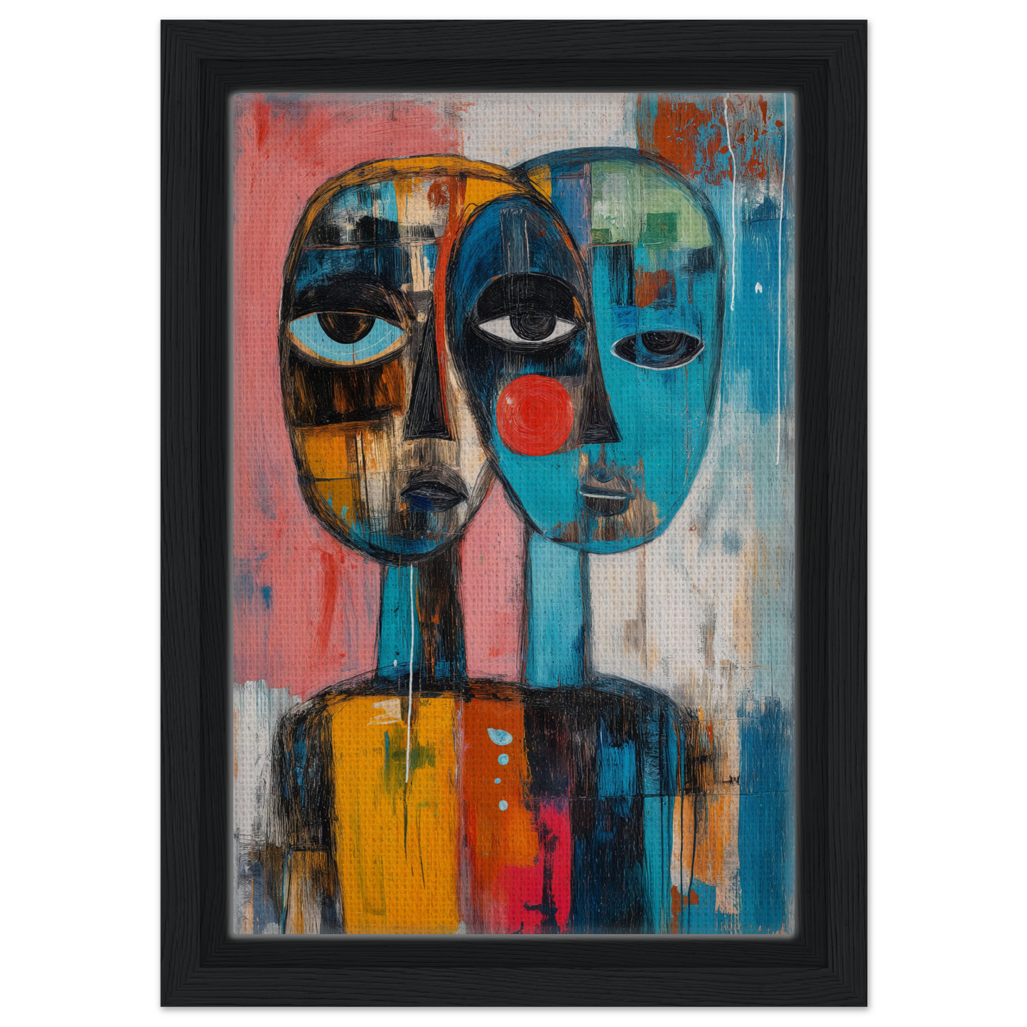 Abstract painting of two stylized faces in bold colors for Singular Mirror Maw room decor