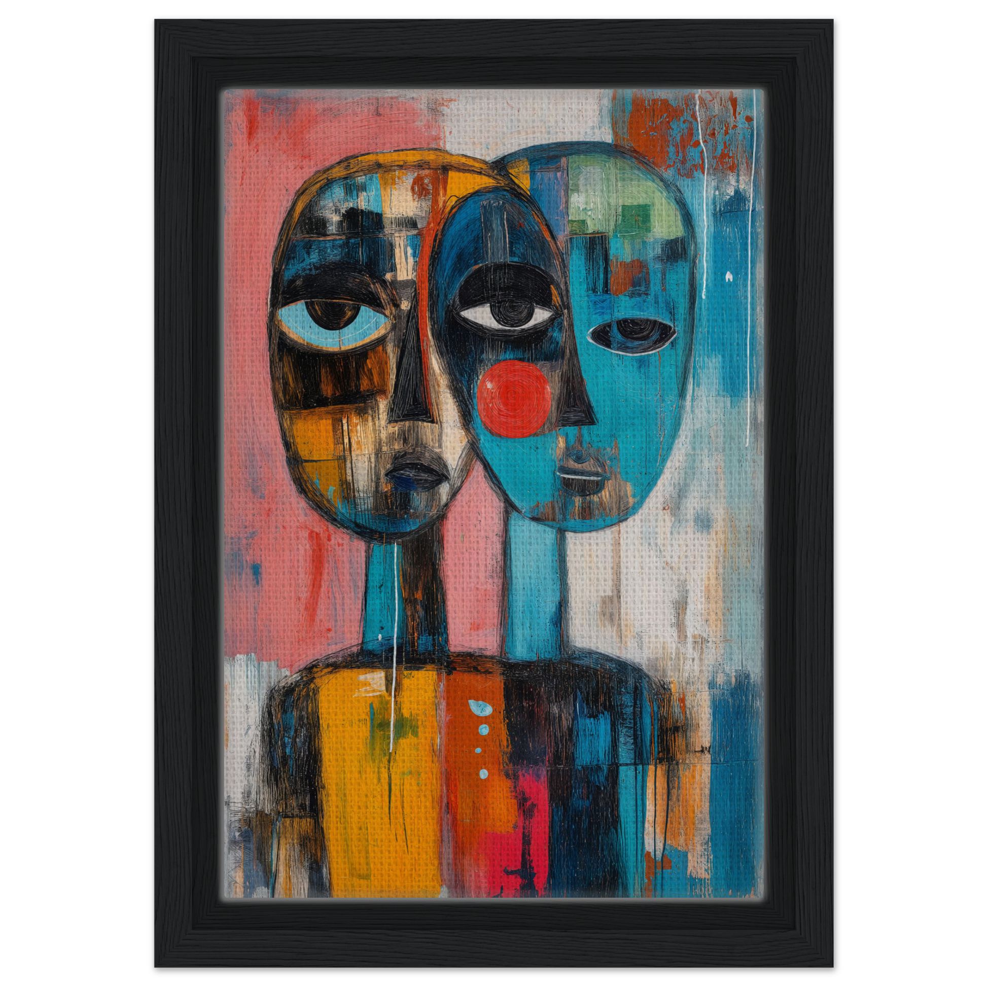 Abstract painting of two stylized faces in bold colors for Singular Mirror Maw room decor