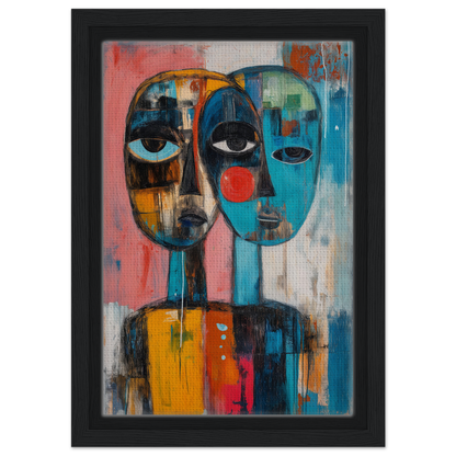 Abstract painting of two stylized faces in bold colors for Singular Mirror Maw room decor