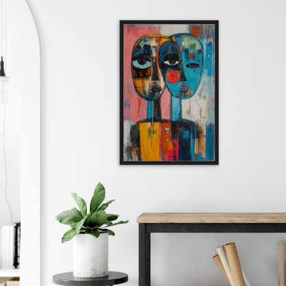 Abstract painting of two stylized faces in vibrant colors within Singular Mirror Maw framed