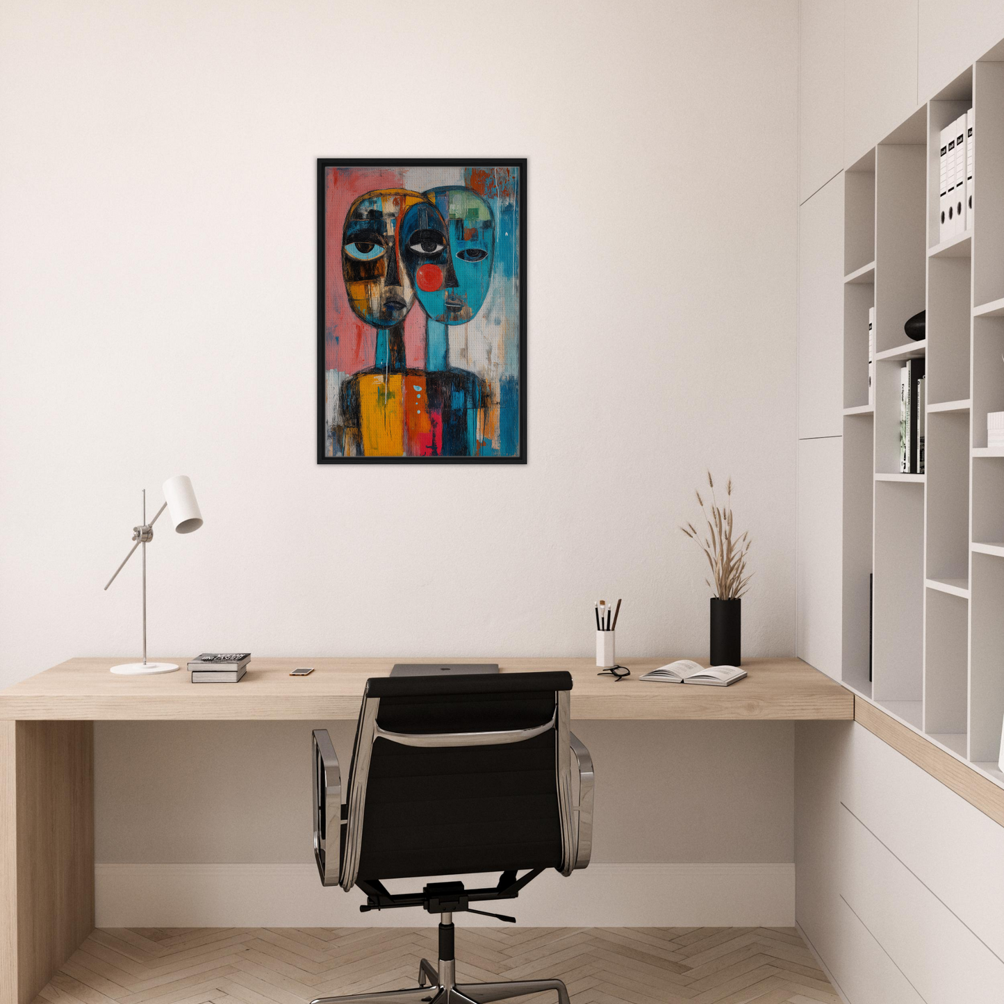 Modern home office featuring Singular Mirror Maw with colorful abstract artwork