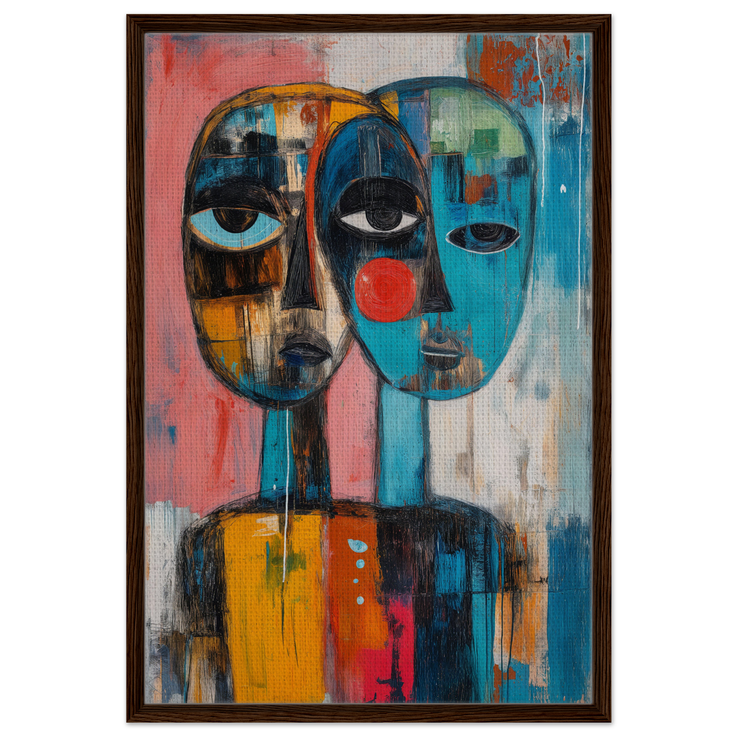 Abstract painting of merged faces in bold colors, featured in Singular Mirror Maw