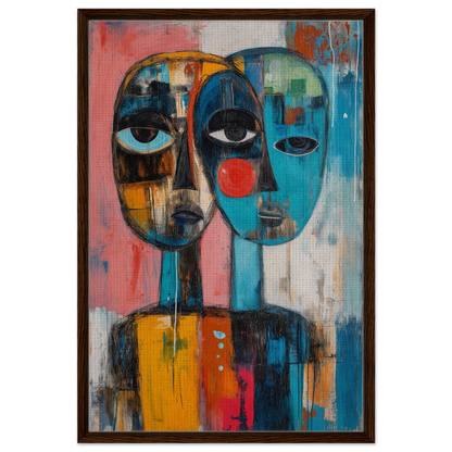 Abstract painting of merged faces in bold colors, featured in Singular Mirror Maw