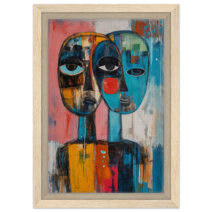 Abstract painting of two stylized faces in bold colors for Singular Mirror Maw framed print