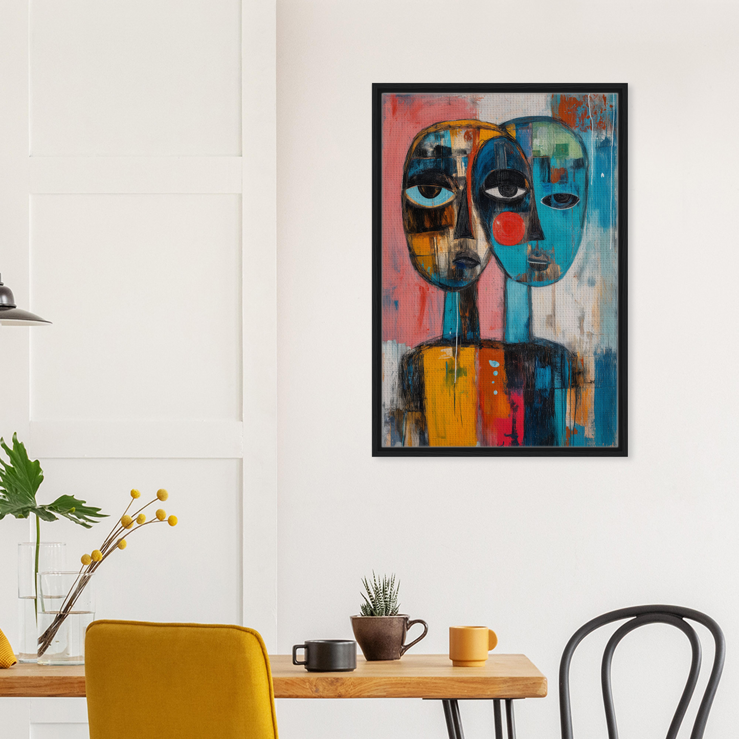 Abstract painting of colorful faces in a black frame, featured in Singular Mirror Maw