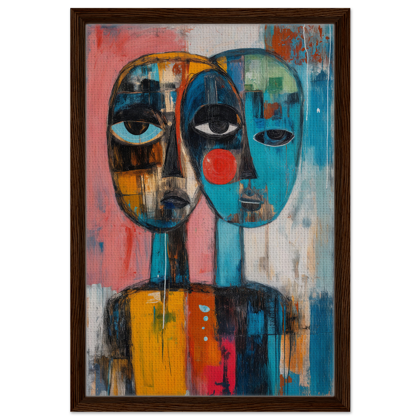 Abstract painting of two vibrant faces in Singular Mirror Maw framed canvas print