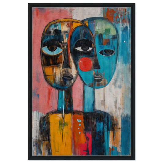 Abstract painting of merged faces in vibrant colors for Singular Mirror Maw room decor