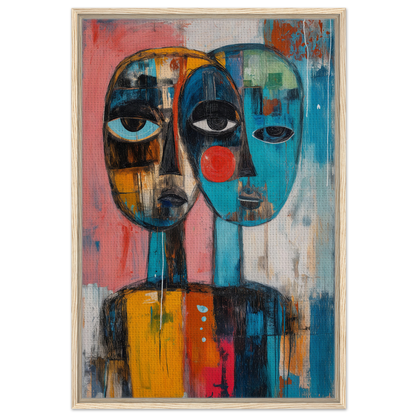 Abstract painting of two stylized faces in vibrant colors for Singular Mirror Maw