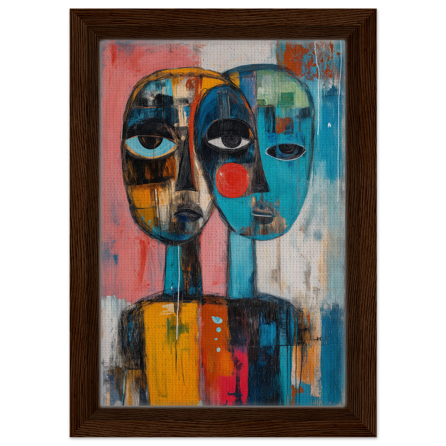 Abstract painting of two vibrant stylized faces for Singular Mirror Maw room decor