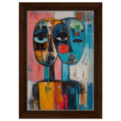 Abstract painting of two vibrant stylized faces for Singular Mirror Maw room decor