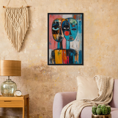 Abstract painting of colorful faces in a black frame from Singular Mirror Maw