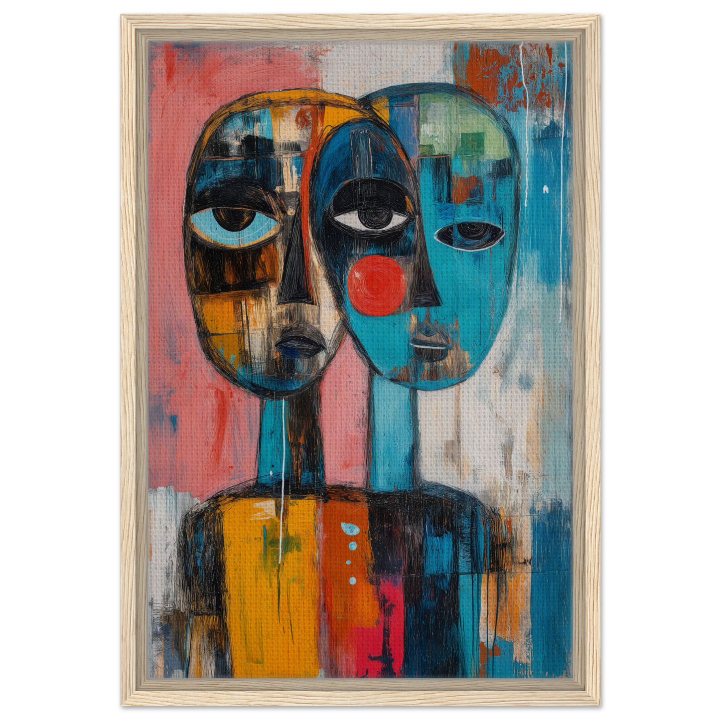 Abstract painting featuring two stylized faces in vibrant colors for Singular Mirror Maw