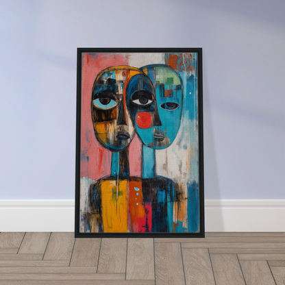 Framed canvas print of Singular Mirror Maw featuring vibrant abstract faces