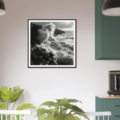 Black and white photo of crashing waves at cliffs, part of Sinous Tidal Symphony collection