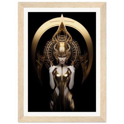 Ornate golden figure with an elaborate headdress and intricate metallic bodysuit against a dark background.