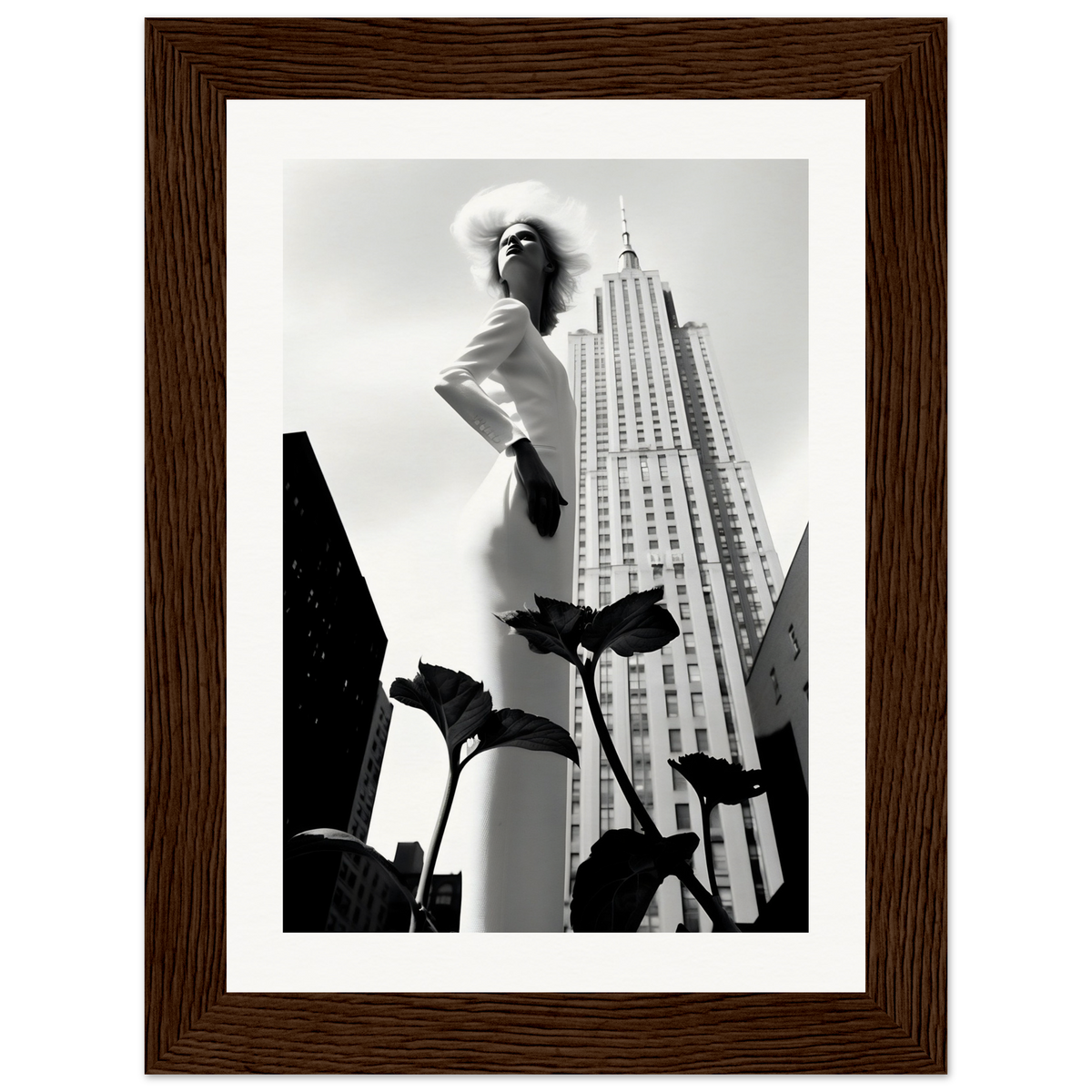 Statuesque figure in a white dress posed dramatically against a city skyline.