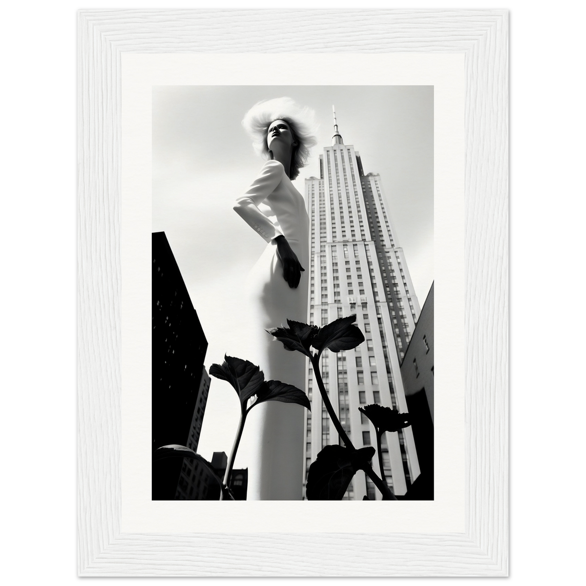 Stylized female figure posing dramatically against an urban backdrop.