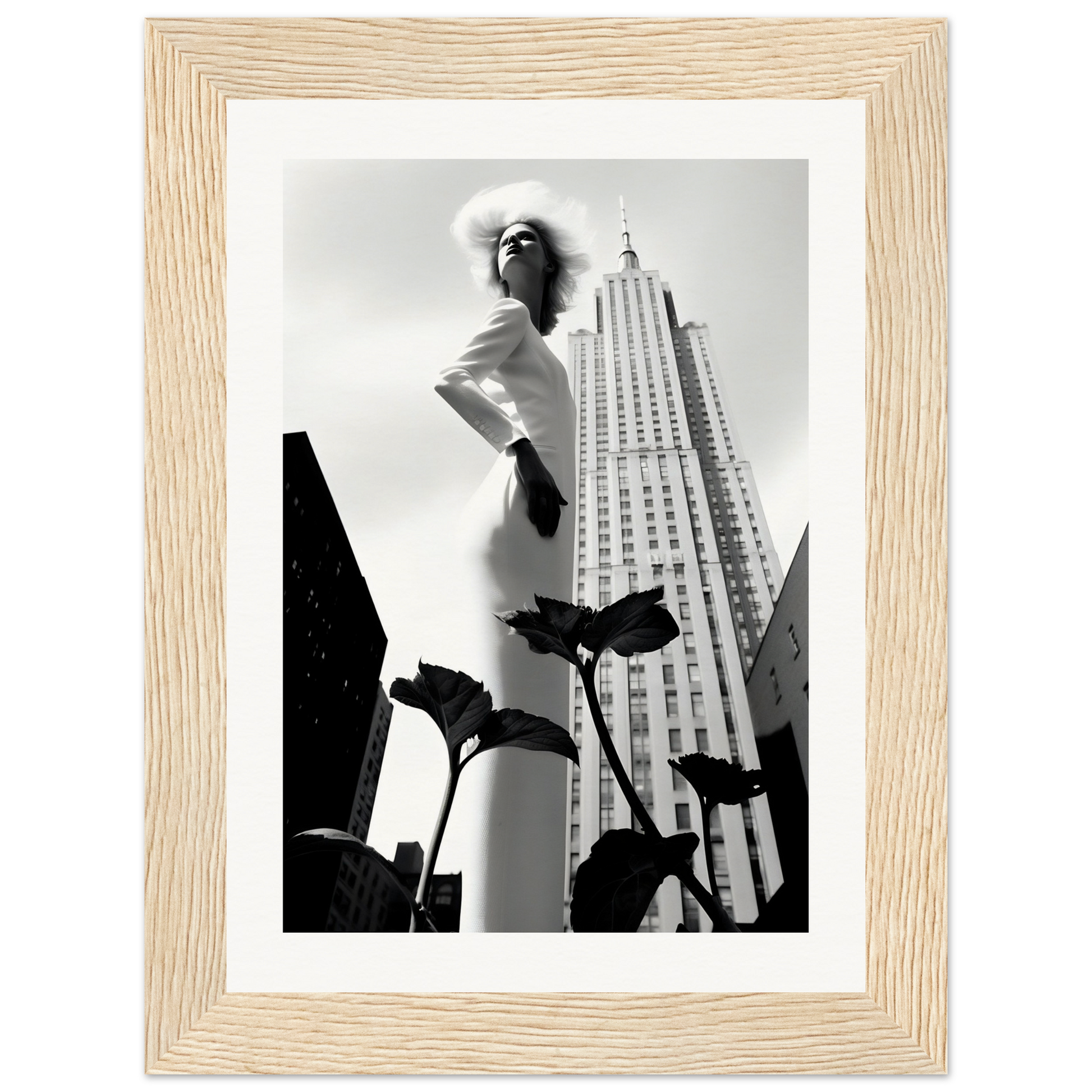 Statuesque figure in a white dress posed dramatically against a skyscraper backdrop.