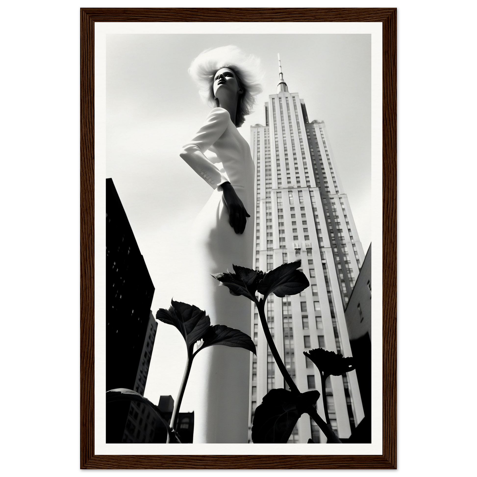 Stylishly posed woman in a white dress against a backdrop of a tall skyscraper.