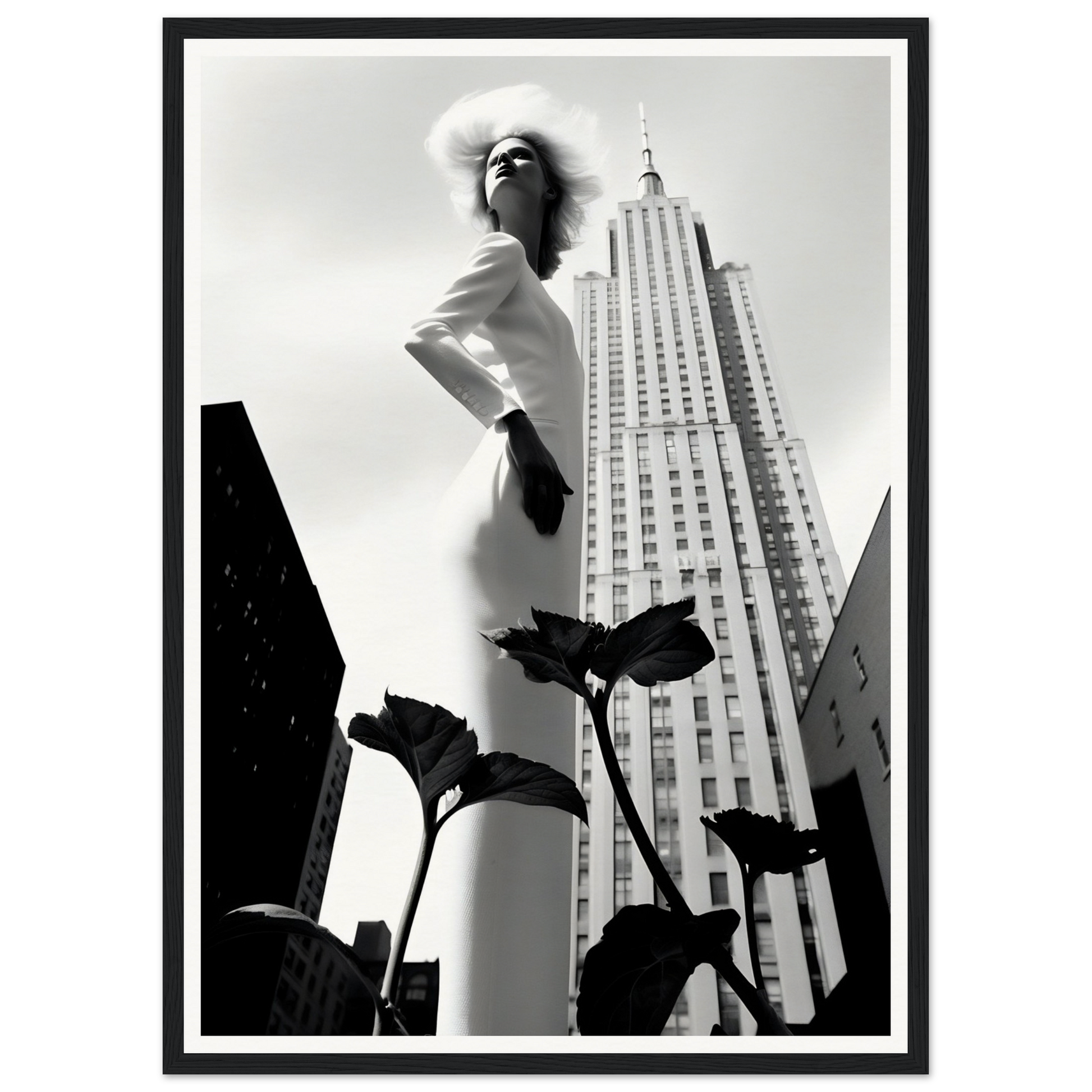 Elegant woman in a white dress and hat posing dramatically against a city skyline.