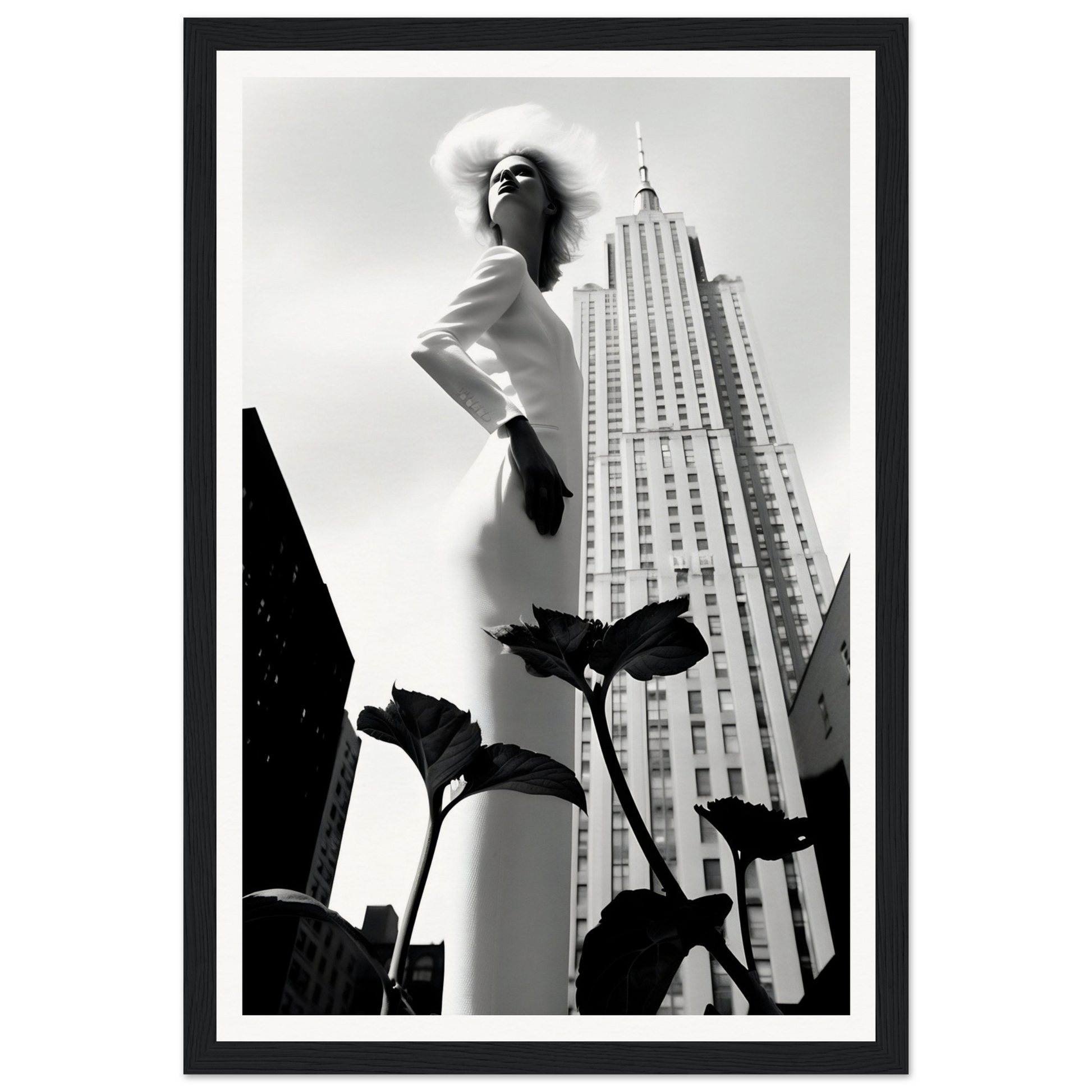 Statuesque woman in a white dress posing dramatically against a skyscraper backdrop.