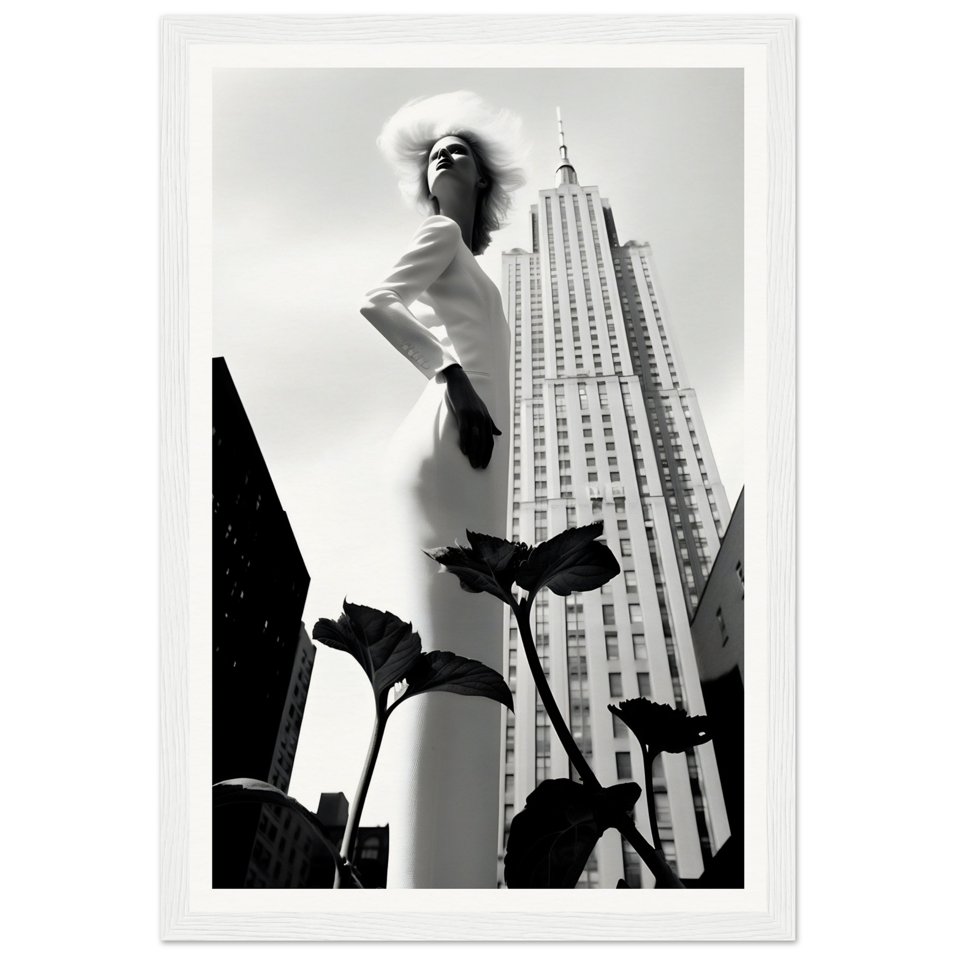 Elegant woman in a white dress posing dramatically against a cityscape.
