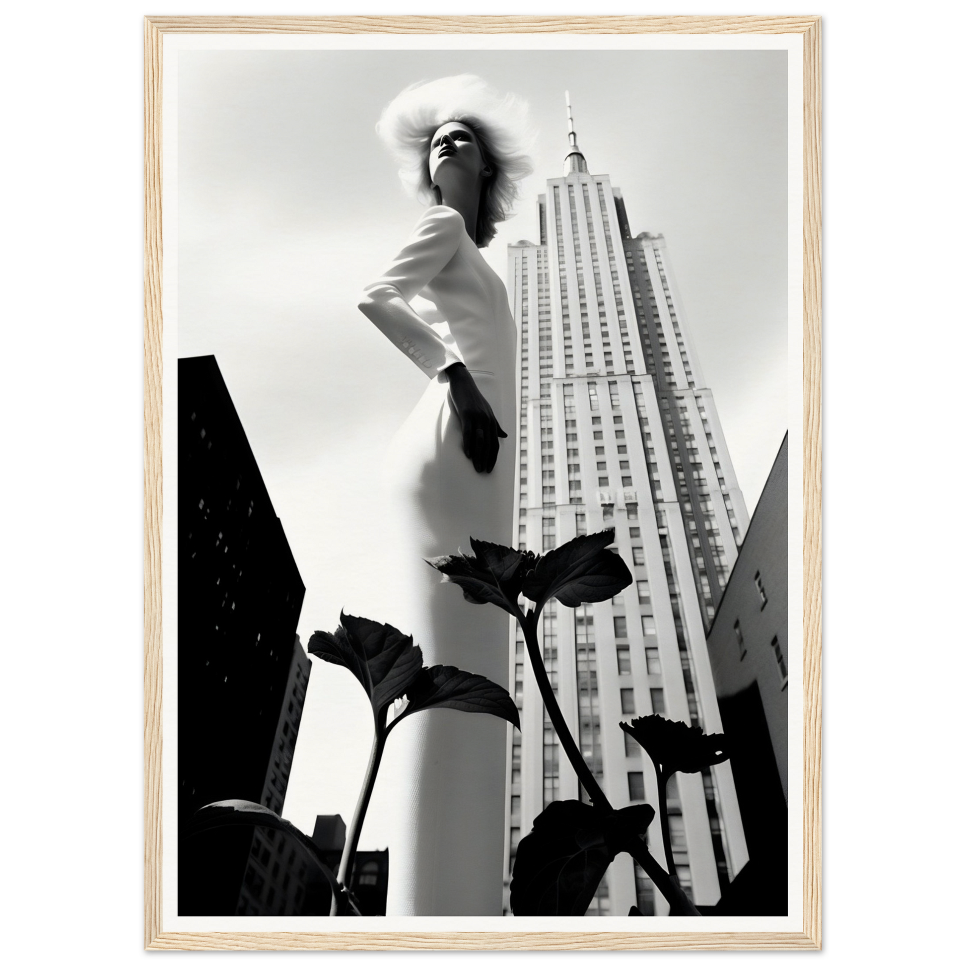 Elegantly posed figure in a white dress and hat against a towering skyscraper backdrop.