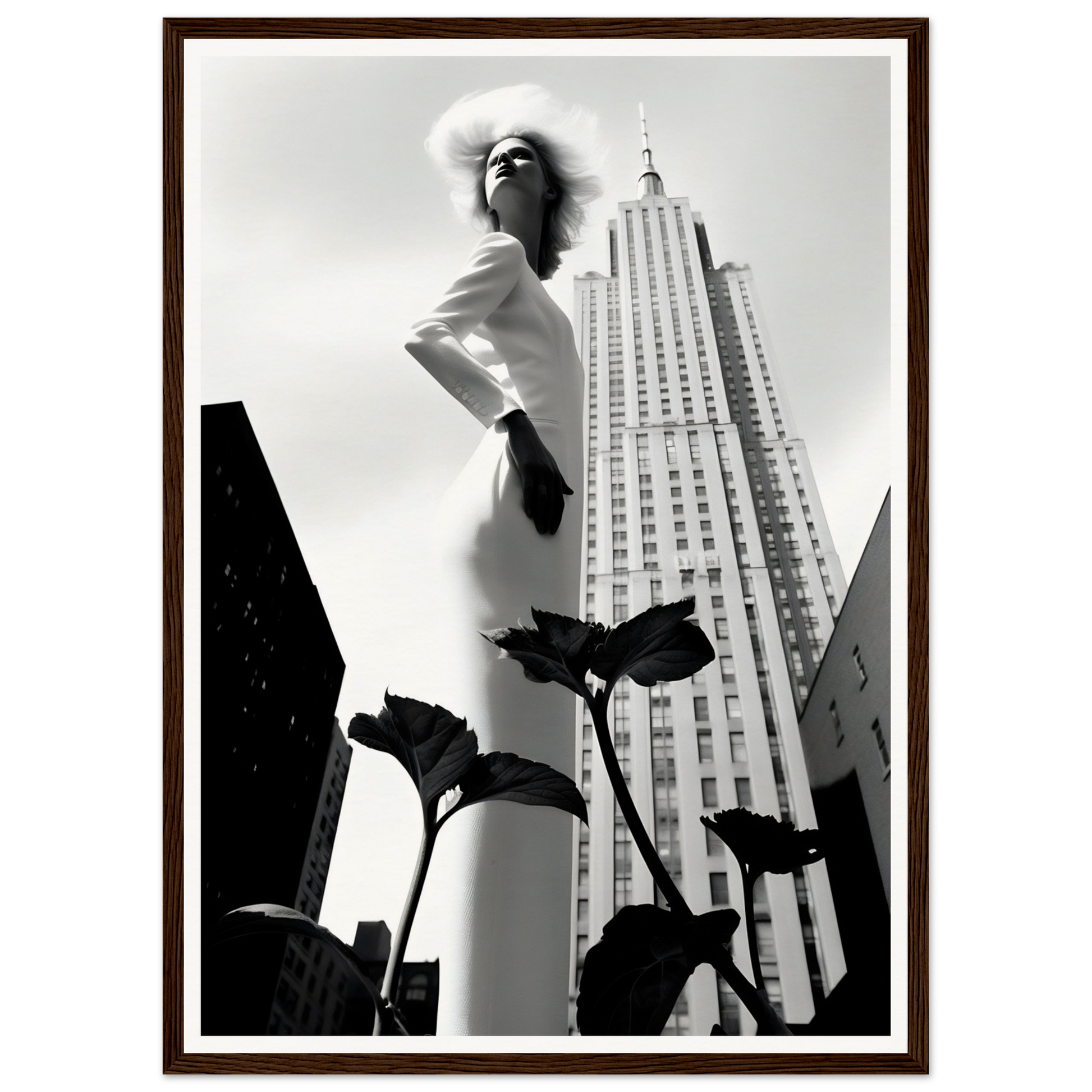 Statuesque figure in a white dress and hat posed dramatically against a skyscraper backdrop.