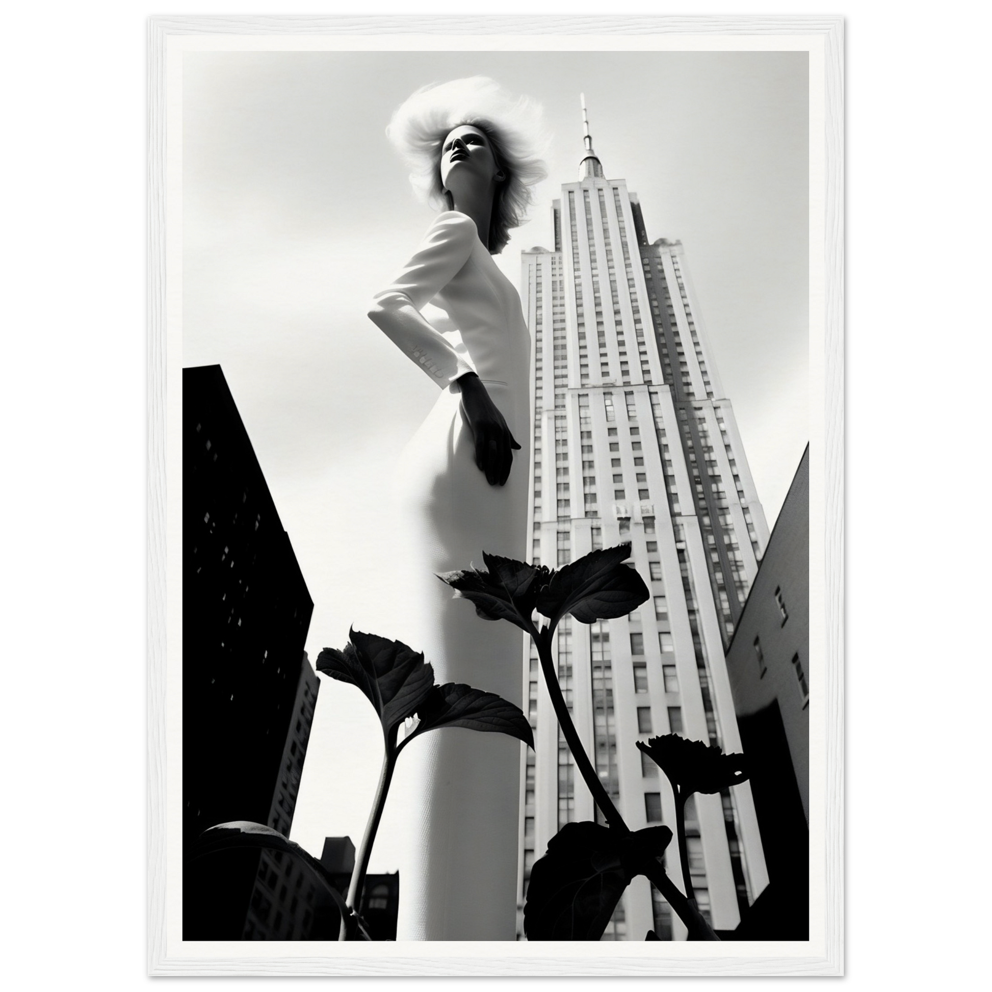 Stylishly posed woman in a white outfit against the backdrop of a tall skyscraper.
