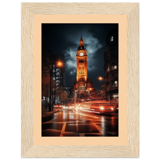 Illuminated clock tower at night with light trails from traffic on the street below.