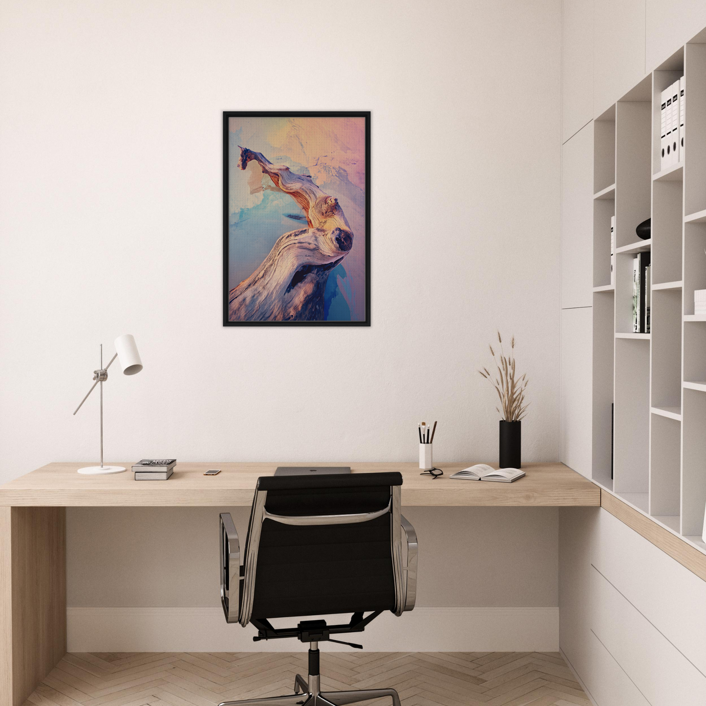 Minimalist home office featuring Skywood Surreal Haiku and colorful framed canvas art