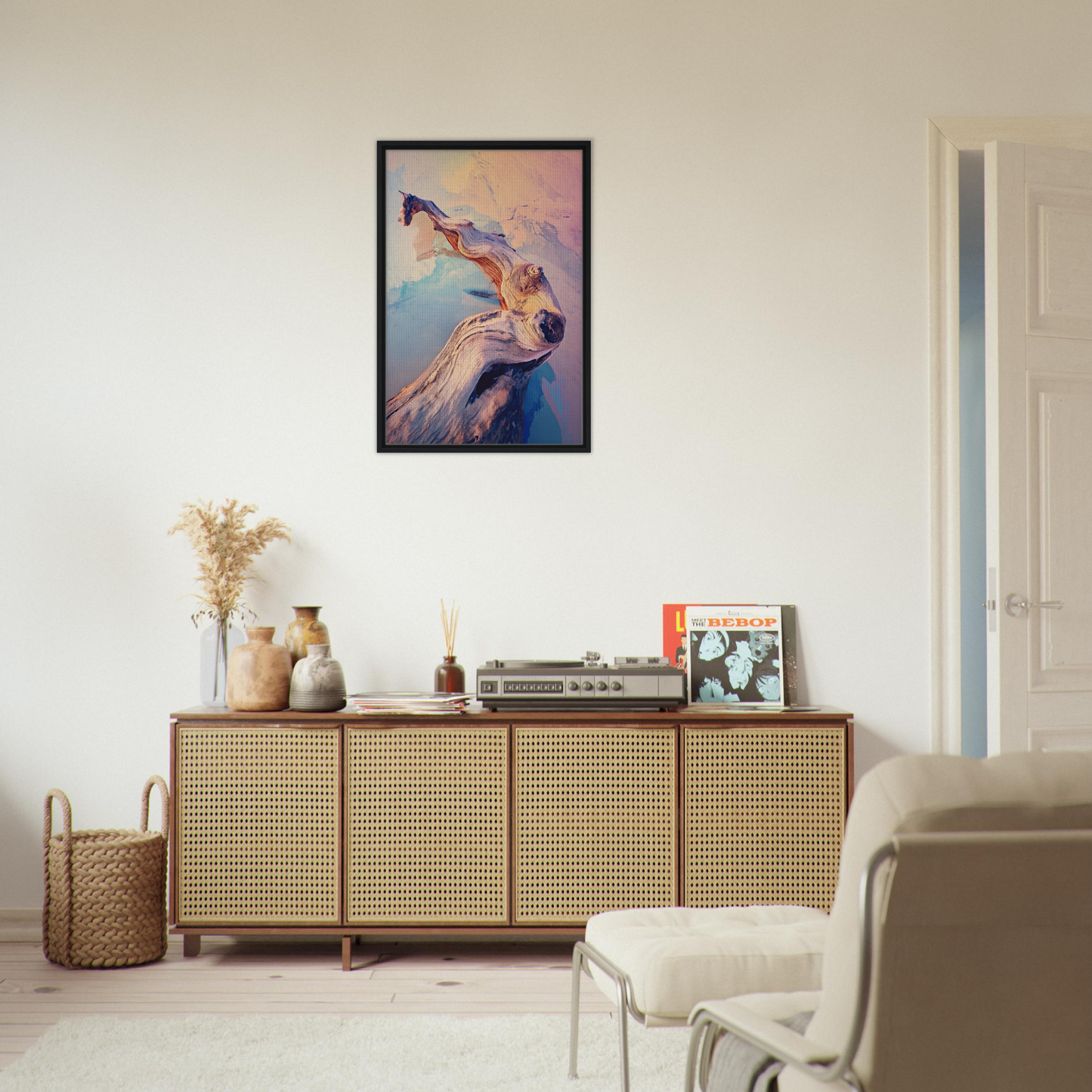 Wooden sideboard with cane-webbed doors and decor, featured in Skywood Surreal Haiku