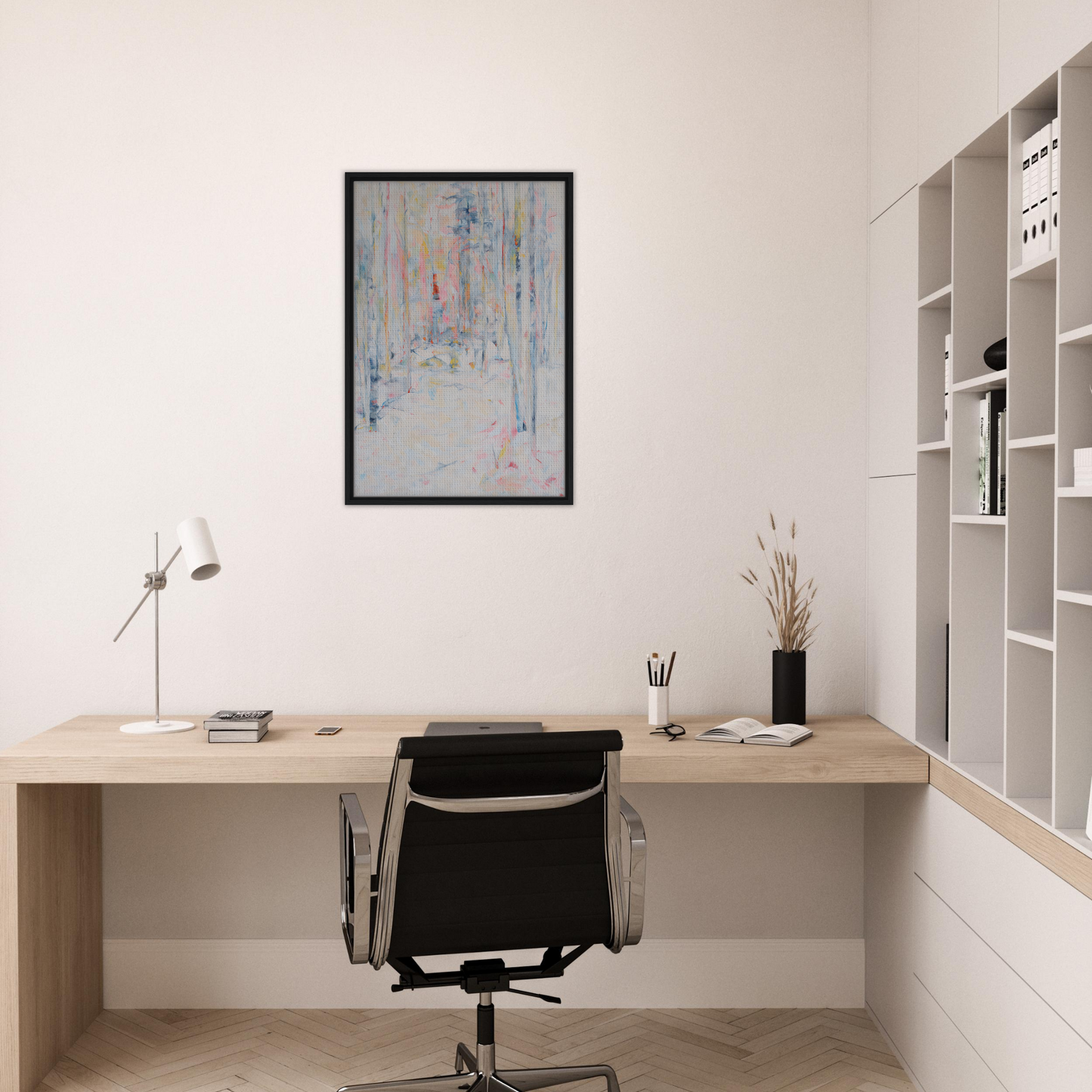 Minimalist wooden desk and black chair in a Snowbound Reverie Emerges home office